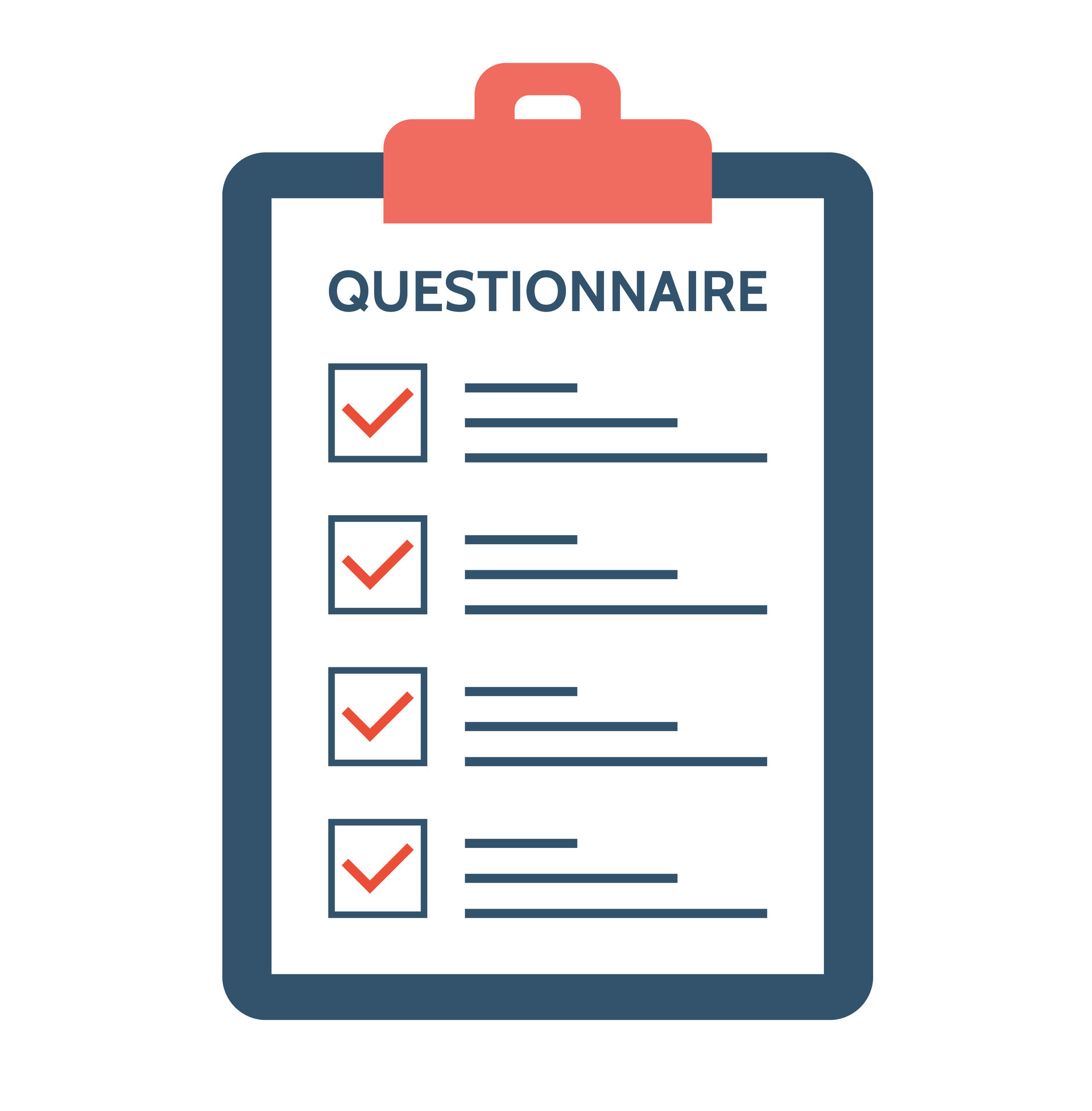 Questionnaire, survey and report on a clipboard paper. Feedback concept. Checklist with tick marks in flat style. Application form for employment. Resume for a job. Vector illustration.